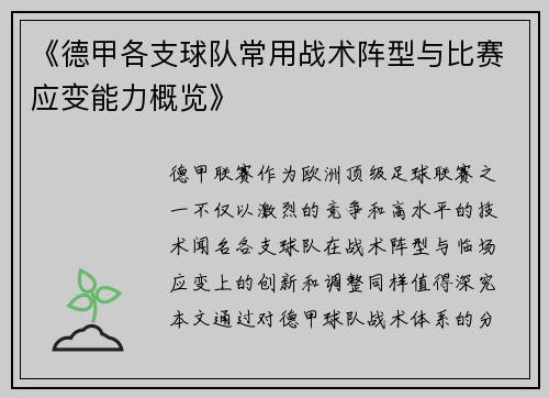 《德甲各支球队常用战术阵型与比赛应变能力概览》