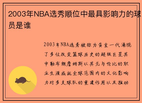 2003年NBA选秀顺位中最具影响力的球员是谁